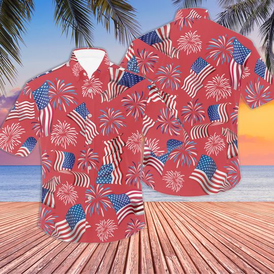 Discover US Flag & Firework 4th Of July Hawaiian Shirt