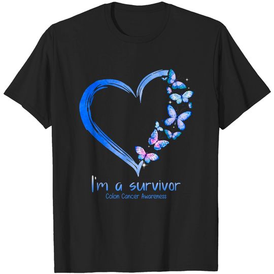 Discover Blue Butterfly Heart I'm A Survivor Colon Cancer Awareness T-Shirt