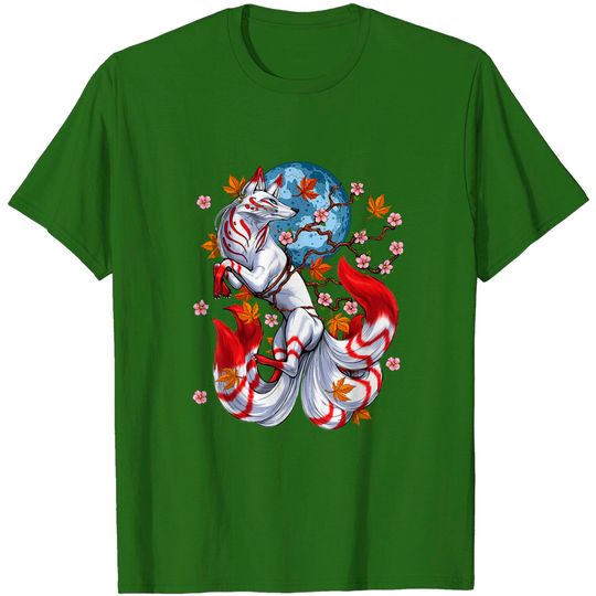 Discover Kitsune Fox Japanese Nine Tailed Fox Cherry Blossom Flowers T-Shirt