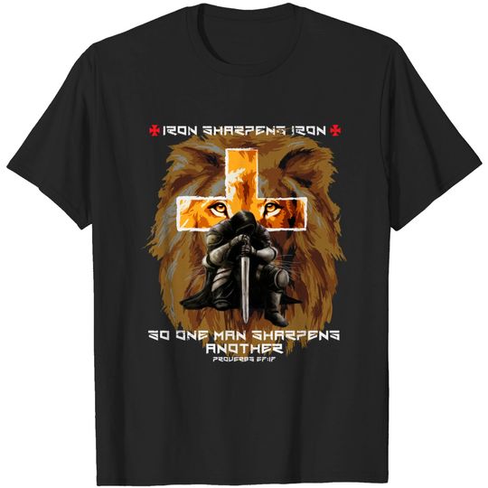 Discover Iron Sharpens Iron Christian Saying Lion Judah Cross Graphic T-Shirt