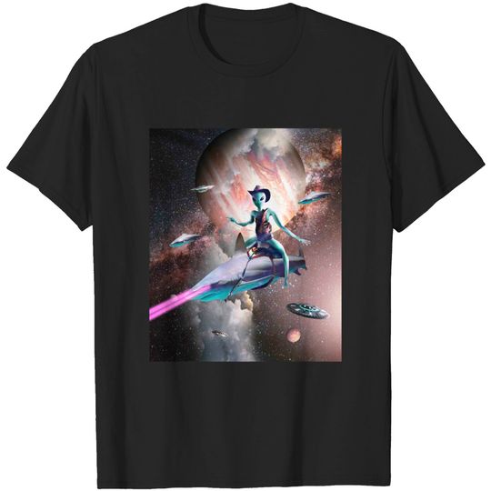 Discover Cowboy Space Alien Riding Laser Shark - Alien - T-Shirt