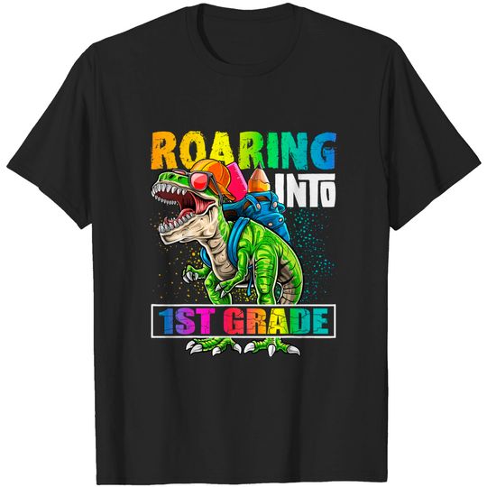 Discover Roaring into 1st Grade Dinosaur Backpack Back to School Boys T-Shirt