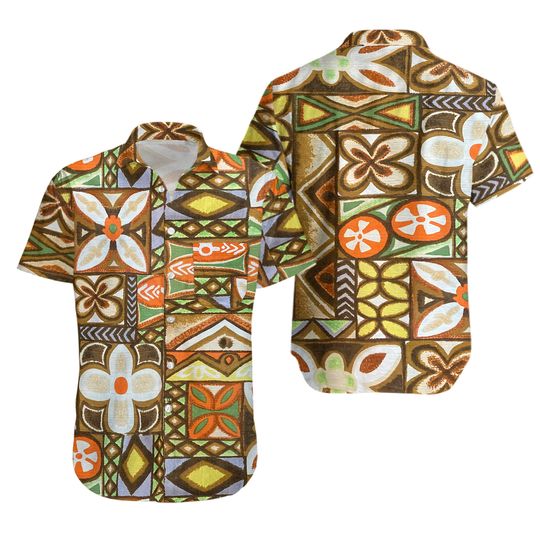 Discover Vintage 1960s Atomic Tiki Mod Barkcloth Loop Collar Hawaiian Shirt