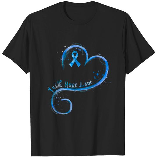 Discover Faith Hope Love Dark Blue Ribbon Colon Cancer T-shirt
