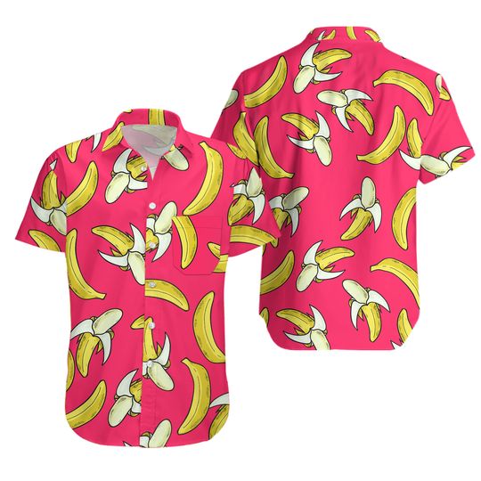 Discover Pink Button Down Hawaiian Shirt with Yellow Banana Print