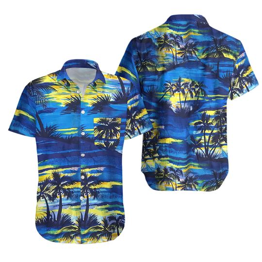 Discover Vintage Blue & Yellow Palm Tree Sunset Hawaiian Shirt