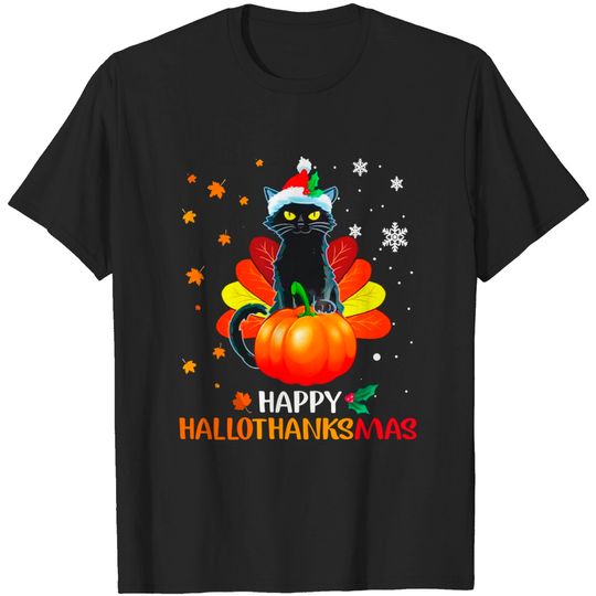 Discover Black Cat Halloween And Merry Christmas Happy Hallothanksmas T-Shirt