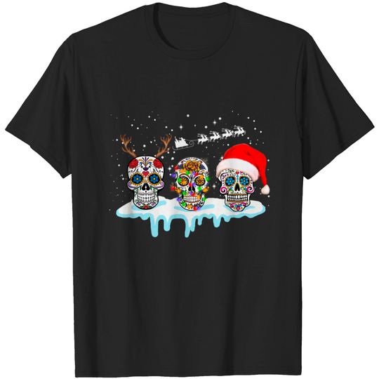 Discover Sugar skull reindeer Horn Santa claus hat Christmas funny gift - Sugar Skull Reindeer Santa Hat - T-Shirt