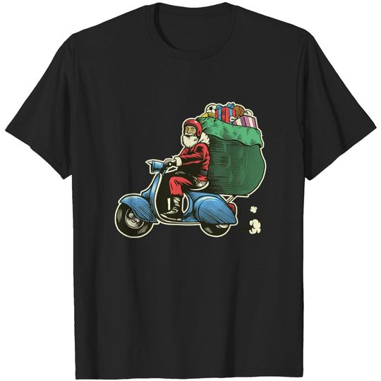Discover Santa Claus Delivering gifts on a Scooter | Funny Christmas T-Shirt - Santa Clause Is Coming To Town - T-Shirt