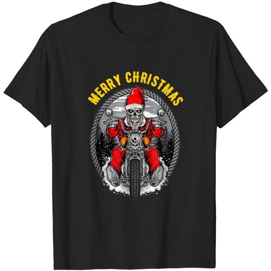 Discover Christmas Motorcycle Santa Claus Biker Rider Skull T-Shirt