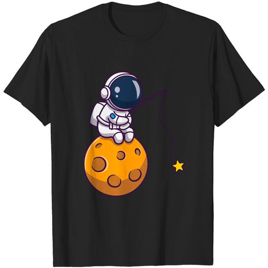 Discover Cute Astronaut Fishing Star On Moon Cartoon - Astronaut - T-Shirt