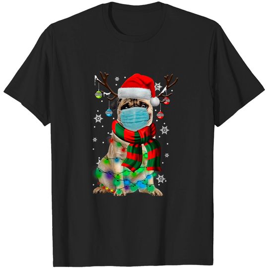 Discover Pug Dog Reindeer With Face Mask Christmas Lights Pajama - Pug Dog Reindeer With Face Mask Christm - T-Shirt