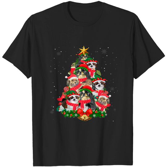 Discover Funny Shih Tzu Christmas Tree Dog Lover Xmas Santa Hat Light - Shih Tzu Christmas Tree Dog Lover - T-Shirt