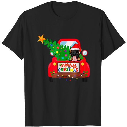 Discover Funny Boxer Dog Riding Red Truck Christmas Holiday T-Shirt