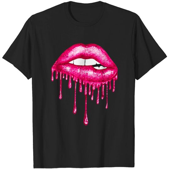 Discover Pink Dripping Biting Lips Faux Lipstick Effect 80s T-Shirt
