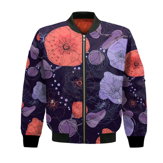 Discover Floral Poppy Bomber Jacket Women, All Over Print Jacket, Botanical Clothing, Vintage Jacket, Bomber Jacket