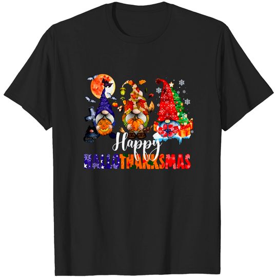 Discover Halloween Thanksgiving Christmas Happy HalloThanksMas Gnomes T-Shirt