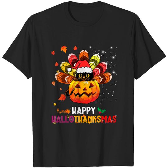 Discover Black Cat Halloween And Merry Christmas Happy Hallothanksmas T-Shirt