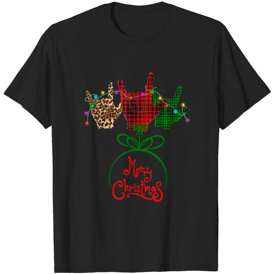 Discover Merry Christmas ASL Sign Plaid Leopard Costume T-Shirt