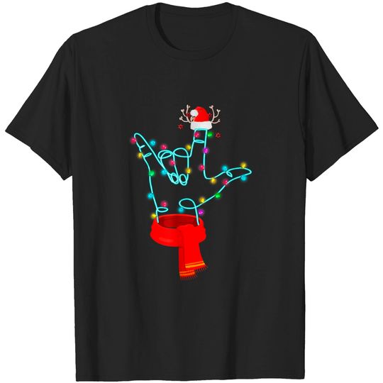 Discover ASL Sign Christmas Light Santa Hat Scarf T-Shirt
