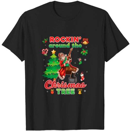 Discover Rockin Around The Christmas Tree Santa Rock Playing Guitar T-Shirt