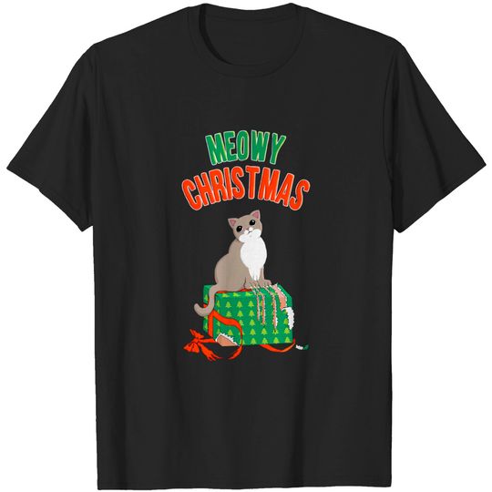 Discover Meowy Christmas Cat Clawed Present - Christmas - T-Shirt