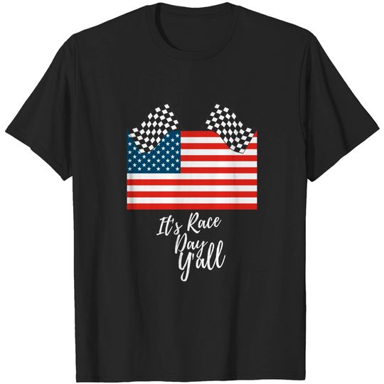 Discover It's Race Day Y'all Checkered Flag American Flag Racing T-Shirt
