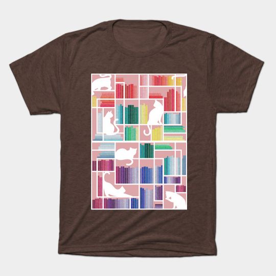 Discover Rainbow bookshelf // blush pink background white shelf and library cats - Book Lovers - T-Shirt