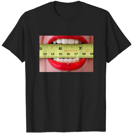 Discover Mouth With Red Lips Holding Folding Rule Between Teeth - Face Masks Funny - T-Shirt
