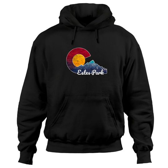 Discover Estes Park Colorado Hoodie with Flag Themed Mountain Scene