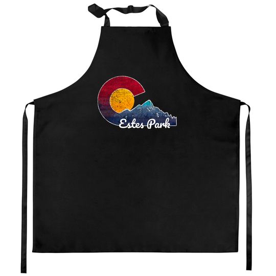 Discover Estes Park Colorado Kitchen Aprons with Flag Themed Mountain Scene