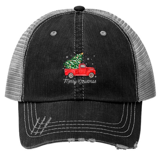 Discover Vintage Red Truck With Merry Christmas Tree Trucker Hats