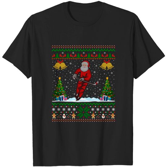 Discover Santa Playing Ice Hockey Xmas Gift Ugly Ice Hockey Christmas T-Shirt