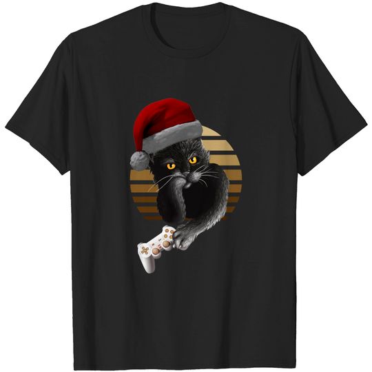 Discover Gamer Black Cat Yellow Eyes Santa Hat Christmas Gaming T-Shirt