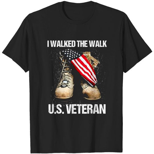 Discover Us Veteran I Walked The Walk Combat Boots Dogtag USA Flag T-Shirt