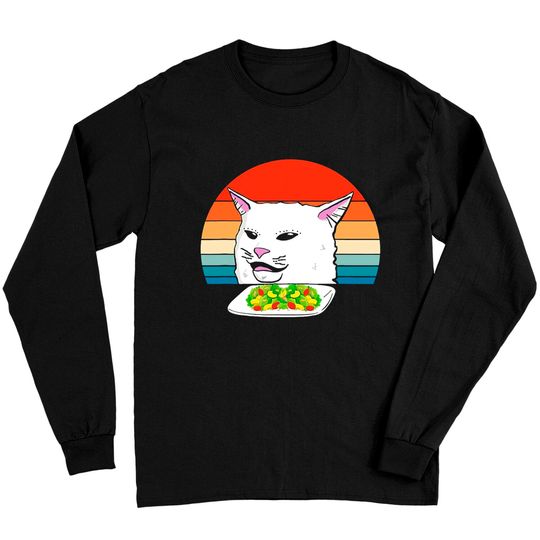 Discover Angry women yelling at confused cat at dinner table Cat meme Long Sleeve
