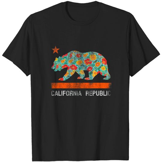 Discover California Republic State Bear Star Poppy T Shirt