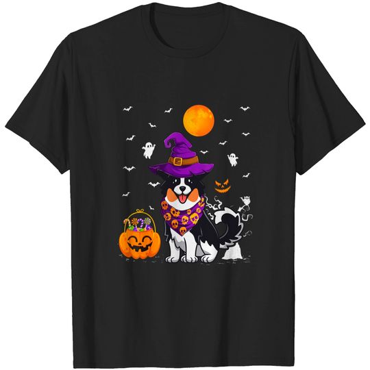 Discover Funny Pumpkin Witch Hat Australian Shepherd Dog Halloween T-Shirt