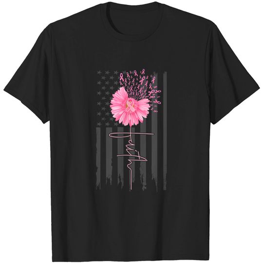 Discover Faith Pink Ribbon Daisy Flower American Flag Breast Cancer T-Shirt