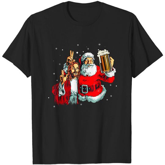 Discover Santa and Jesus Christmas Drinking Beer T-Shirt