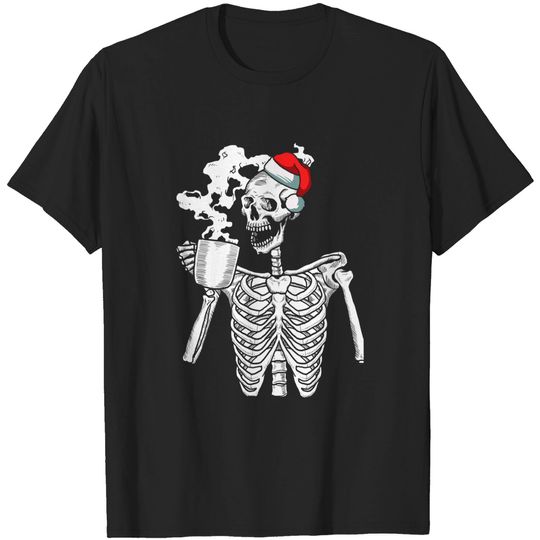 Discover Coffee Drinking Skeleton Christmas Skull Santa Hat X-Mas T-Shirt