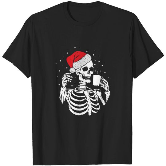 Discover Skeleton Santa Hat Drinking Coffee Funny Christmas Gifts T-Shirt