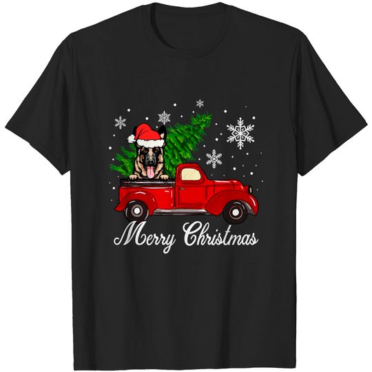 Discover German Shepherd Dog Riding Red Truck Christmas Decorations T-Shirt