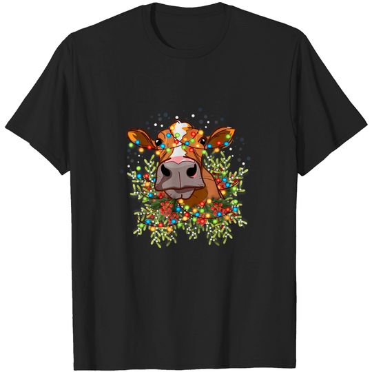 Discover Funny Head Cow Xmas Light Christmas T-Shirt