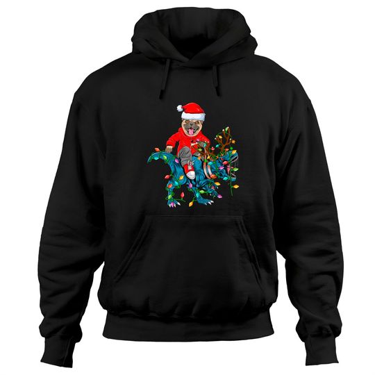 Discover Christmas Dinosaur Tree Hoodie Pug Lover Matching Funny Santa Pug Riding Dinosaur Christmas Pullover