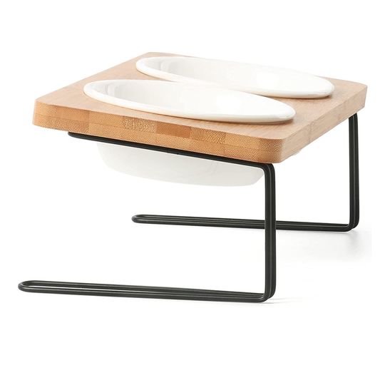 Discover Bamboo Water Stand Feeder Set for Cats and Puppy, Elevated Cat Ceramic Bowls