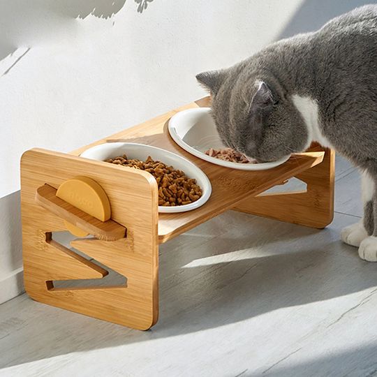 Discover Elevated Dog/ Cat Bowls with Adjustable Wood Stand