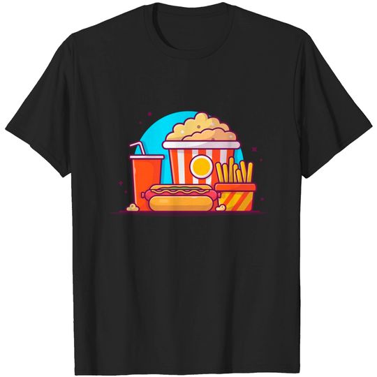 Discover Tasty Combo Menu Hotdog with Popcorn, Soda and French Fries Cartoon Vector Icon Illustration - Burger - T-Shirt