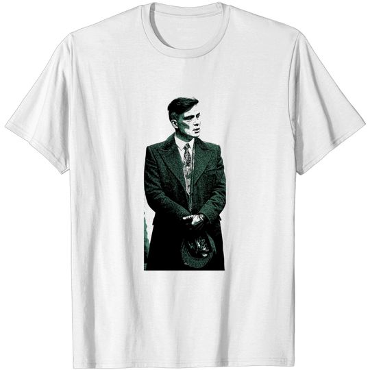 Discover Thomas Shelby emotionally, with leather gloves and a hat, stands well dressed in his coat as abstract art - Thomas Shelby - T-Shirt