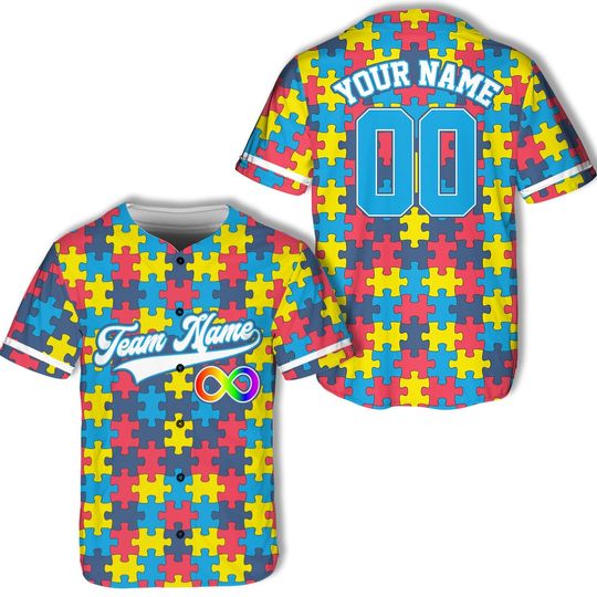 Discover Autism Awareness Baseball Jersey No Piping, Puzzle Autism Baseball Jersey
